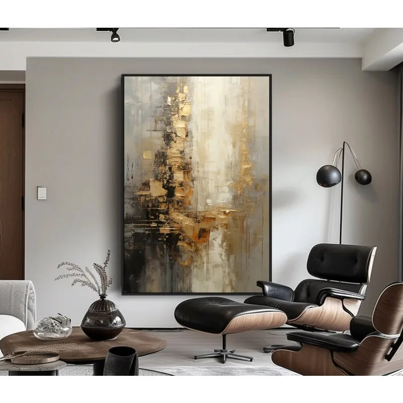 100% Hand Painted，Gold Grey Beige Black,Textured Painting Acrylic Abstract Oil Painting Wall Decor Living Room Office