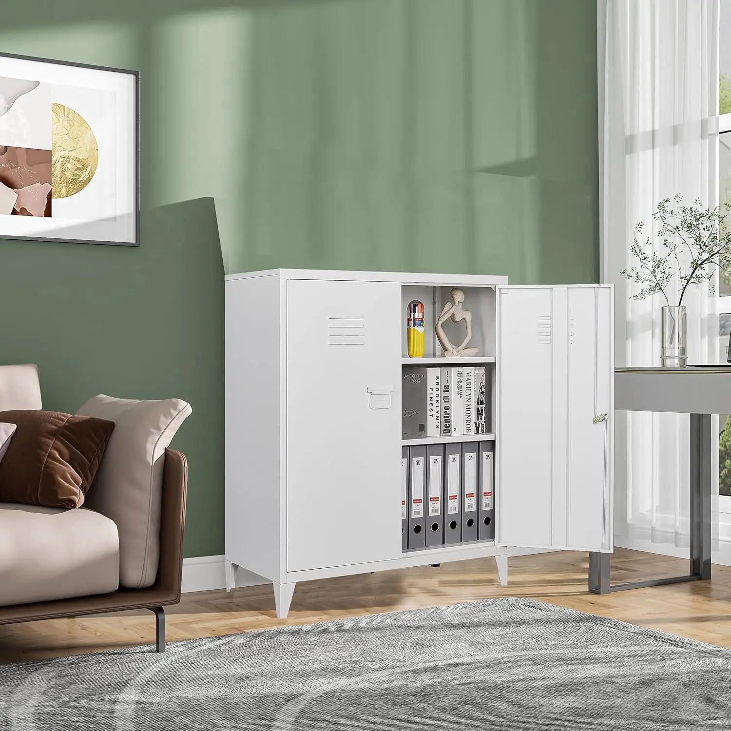 White Metal Cabinet with Doors and Shelves,40’’ Metal Storage Cabinet with Lock Door Adjustable Shelf,File Cabinet