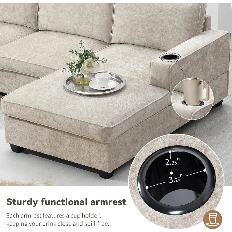 Large U-Shaped 6-Seat Chenille Sectional Sofa Set with Chaise Cup Holders for Spacious Living Room - Beige / United