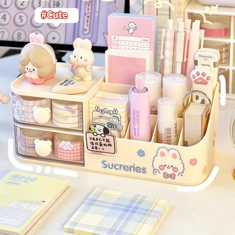 2024 New Desktop Storage Box Organizer Cute Bear Handle Drawer Type Desk Organizer Multi-grid Pen Holder with Kawaii