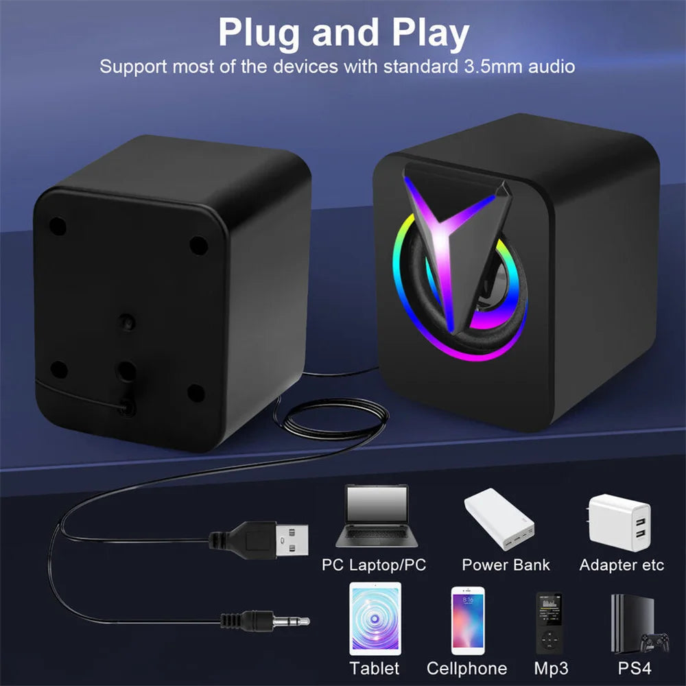 3.5mm Mini USB Wired Computer Speakers RGB LED Stereo Bass For PC Laptop Desktop - United States