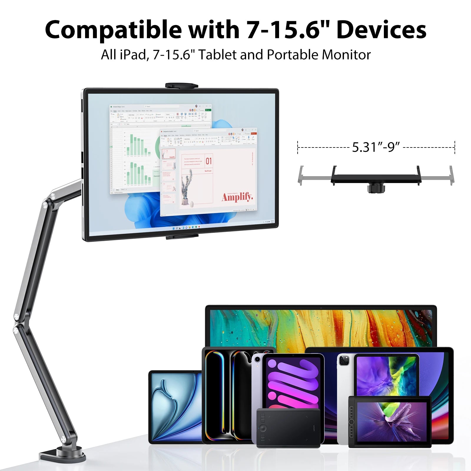 KUXIU Aluminum Alloy Tablet Stand,Adjustable Arm Holder For Portable Monitor 7-15.6’’ For iPad 10/9th iPad