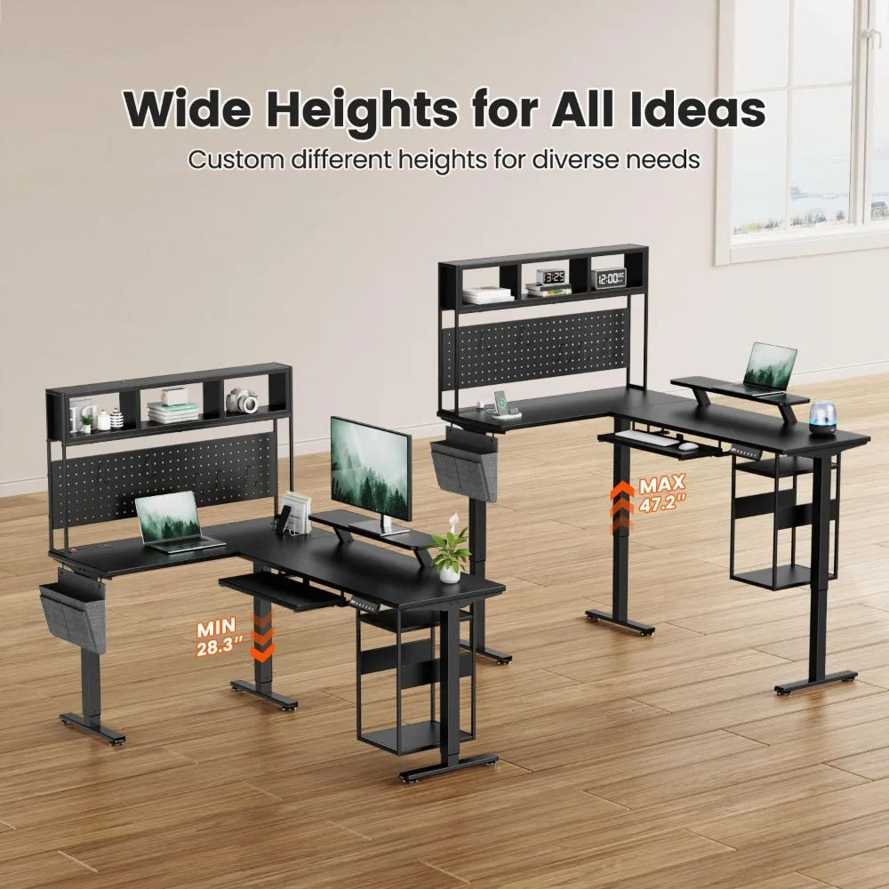 Electric L Shaped Standing Desk Adjustable Height 67’’ x 47’’ Corner Computer Desk with Host Shelf Gaming Desk with LED
