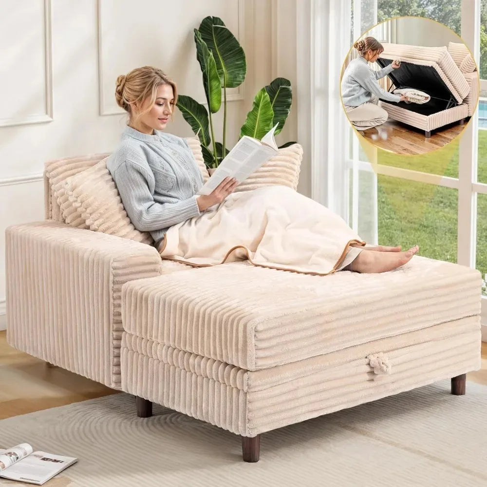 54’’ Oversized Chaise Lounge Chair Indoor Comfy Sofa Bed with Storage and Ottoman Upholstered Reading Chairs Cloud