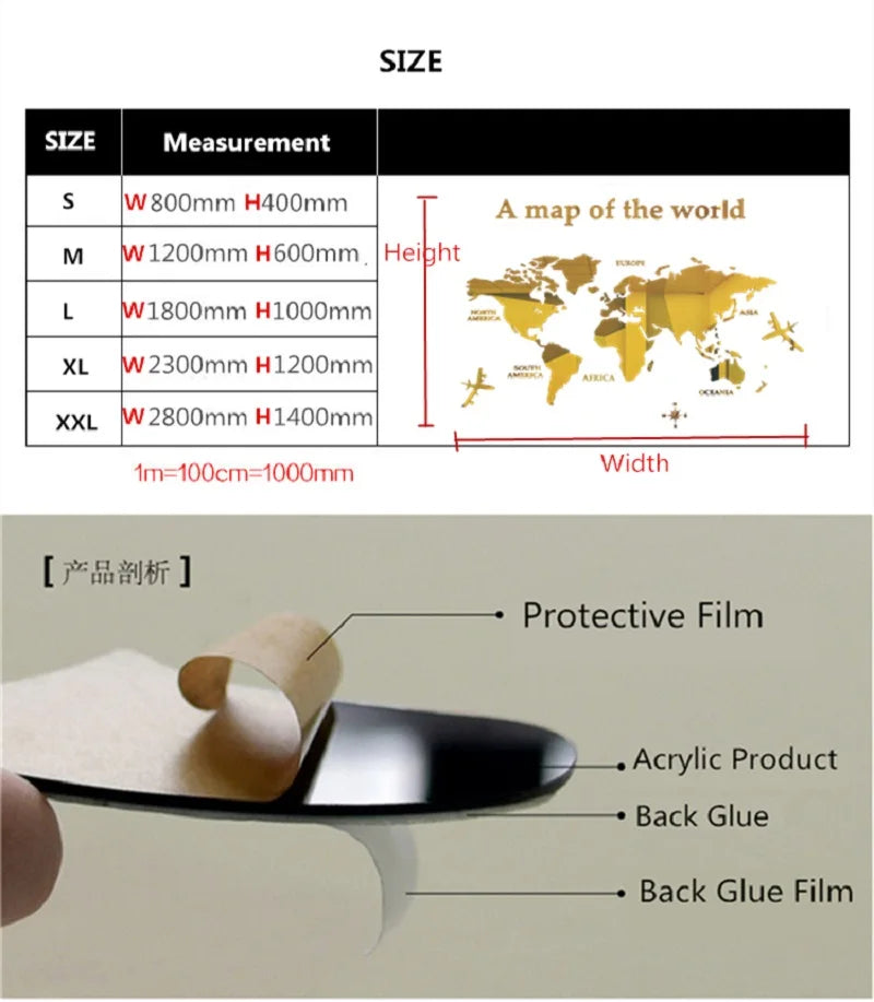 3D World Map Wall Sticker Acrylic Solid Color Crystal Bedroom Wall With Living Room Classroom Stickers Office