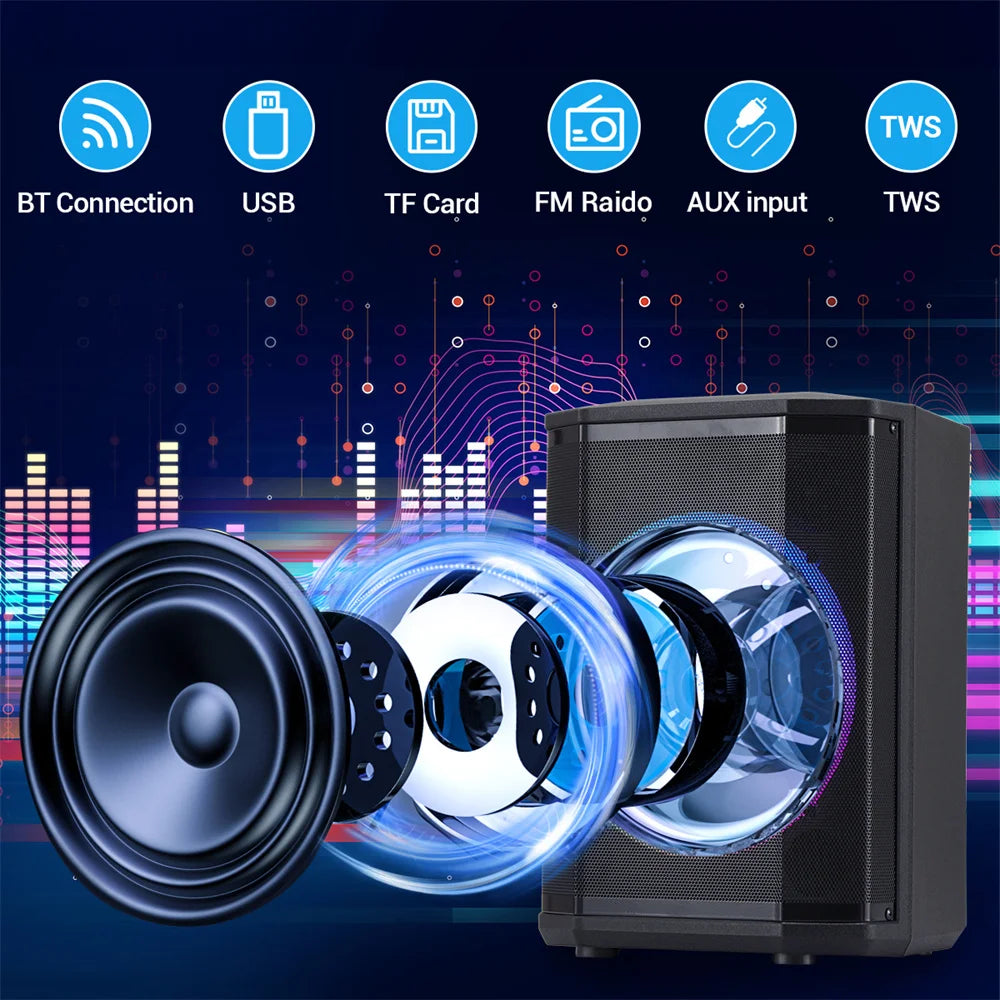 5000W Portable Tiltable Bluetooth Party Speaker 8 ’Subwoofer Heavy Bass Sound System Dj Led Light Loud Speaker