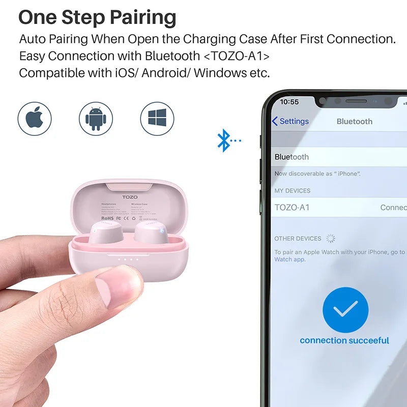 Refurbished TOZO TWS Earbuds in-Ear Wireless Bluetooth Headsets with With Mic Touch Control Sport Waterproof for Iphone