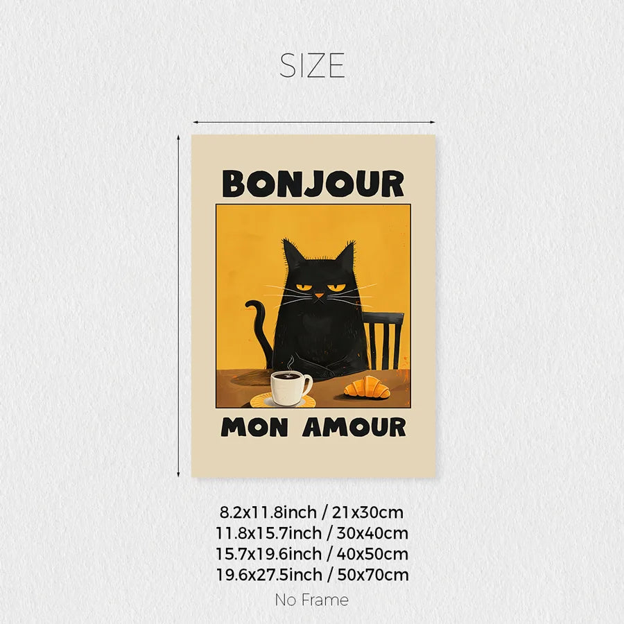 1 Piece Yellow - Good Dear Morning - Black Cat Print Cute Kitchen Wall Art Interesting French Cafe Canvas Poster Cat