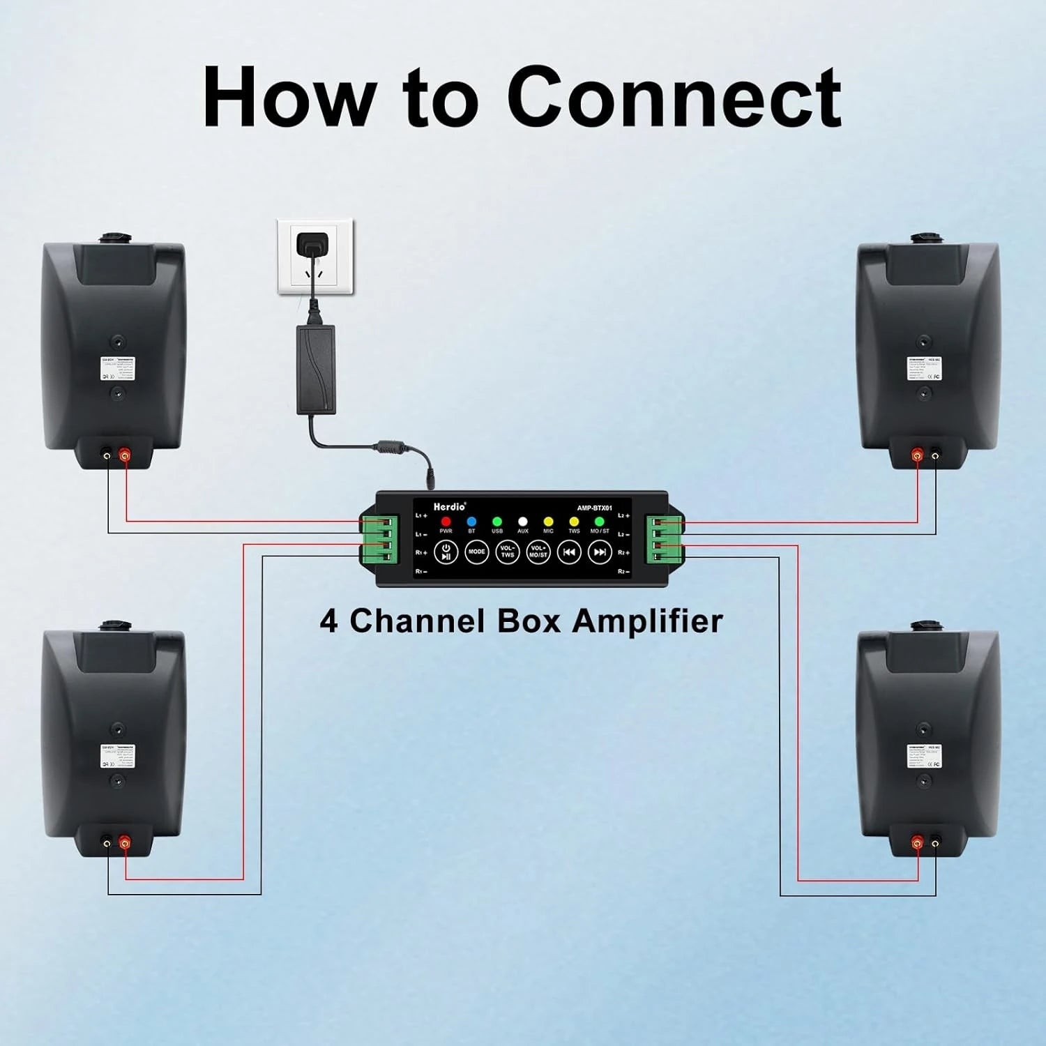 Herdio 4PCS 6.5‘’ 800W Outdoor Bluetooth Speakers Wired Waterproof With Multifunctional Amplifier Wall Mount Speakers