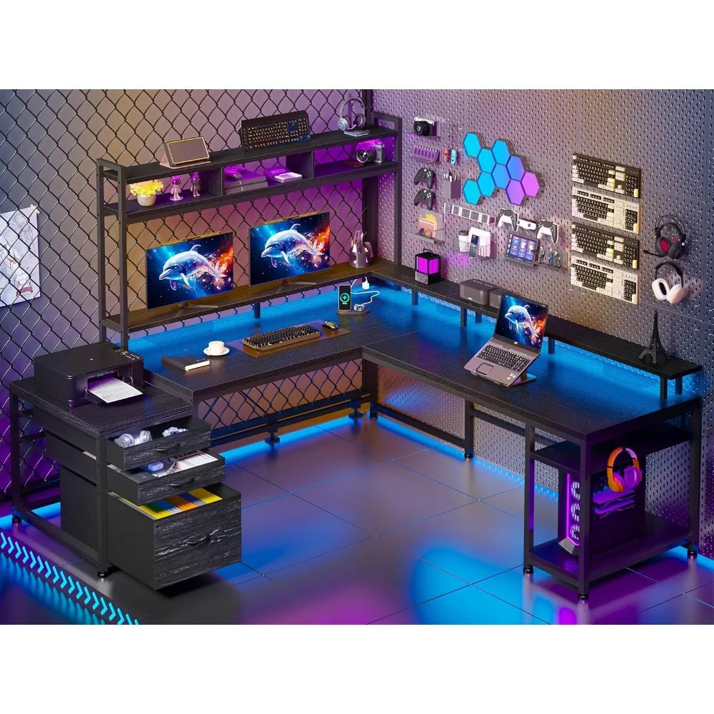 64 x 60 inches l shaped desk with hutch and drawers reversible corner computer desk with monitor shelf two person desk