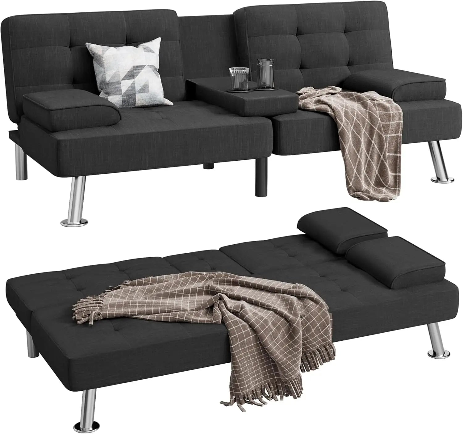 Modern Linen Upholstered Convertible Folding Futon Sofa Bed with Removable Armrests Metal Legs 2 Cup Holders for Living