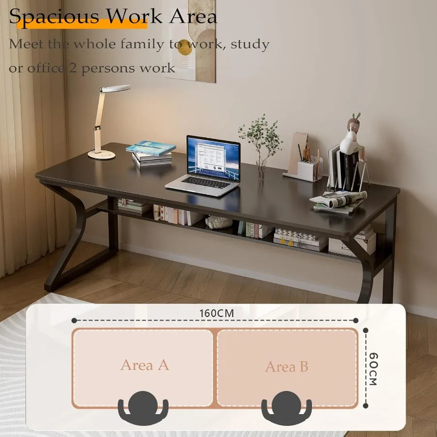 Extra Long Desk with Bookshelf for Home and Office 63 Double Long Writing Table Ideal for 2Person Workstation Modern