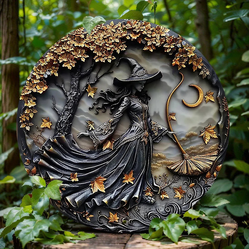 Vintage Witch-Themed Art Decor for Home,Office Garden,and Cafe Weather-Resistant Wall Art Halloween Wreath Sign