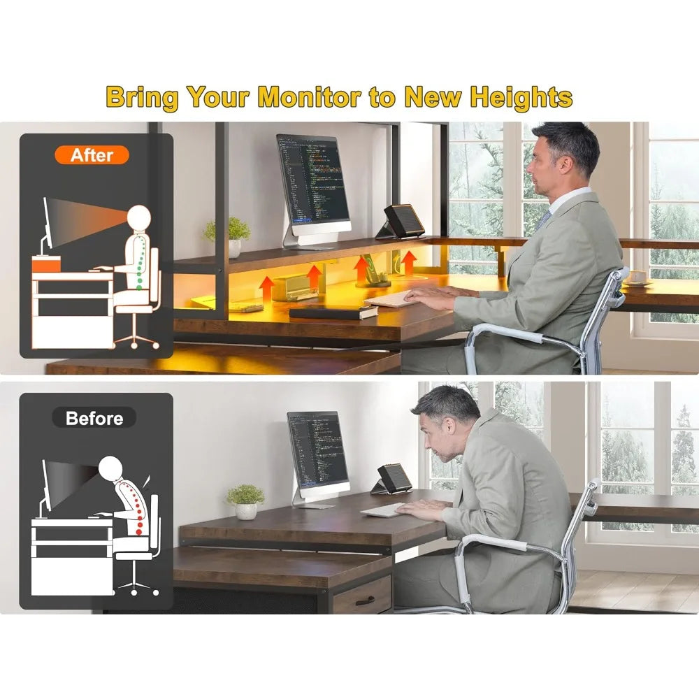 Two-Person L-Shaped Desk with Hutch Monitor Shelf and Storage Drawers