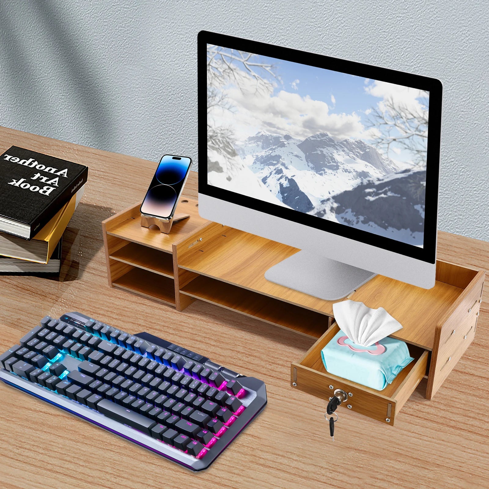 Wood MDF Monitor Stand Riser No Assembly Required Exquisite Monitor Stand with Drawer Ergonomic Height Wood Monitor