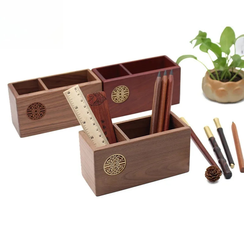 Graduation Gift Wooden Pen Holder Chinese Style Hand Carved Desk Organizer Natural Wood Stationery Storage
