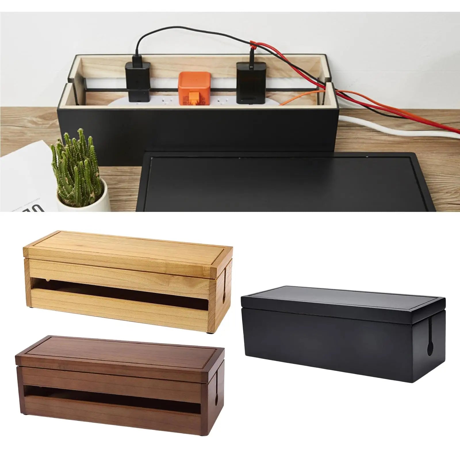 Cable Management Box 14.8x5.6x4.8 inch Wooden Case Cord Organizer for Desk TV