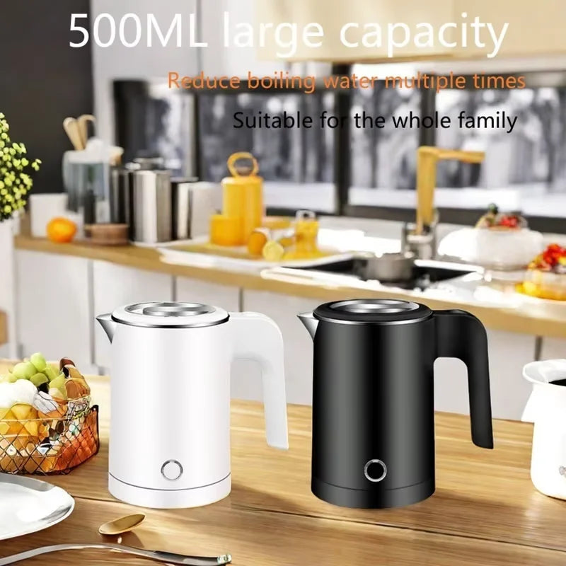 Portable 500ML Travel Electric Kettle Stainless Steel Water Boiler for Tea Coffee Hot Water Family Camping Kitchen