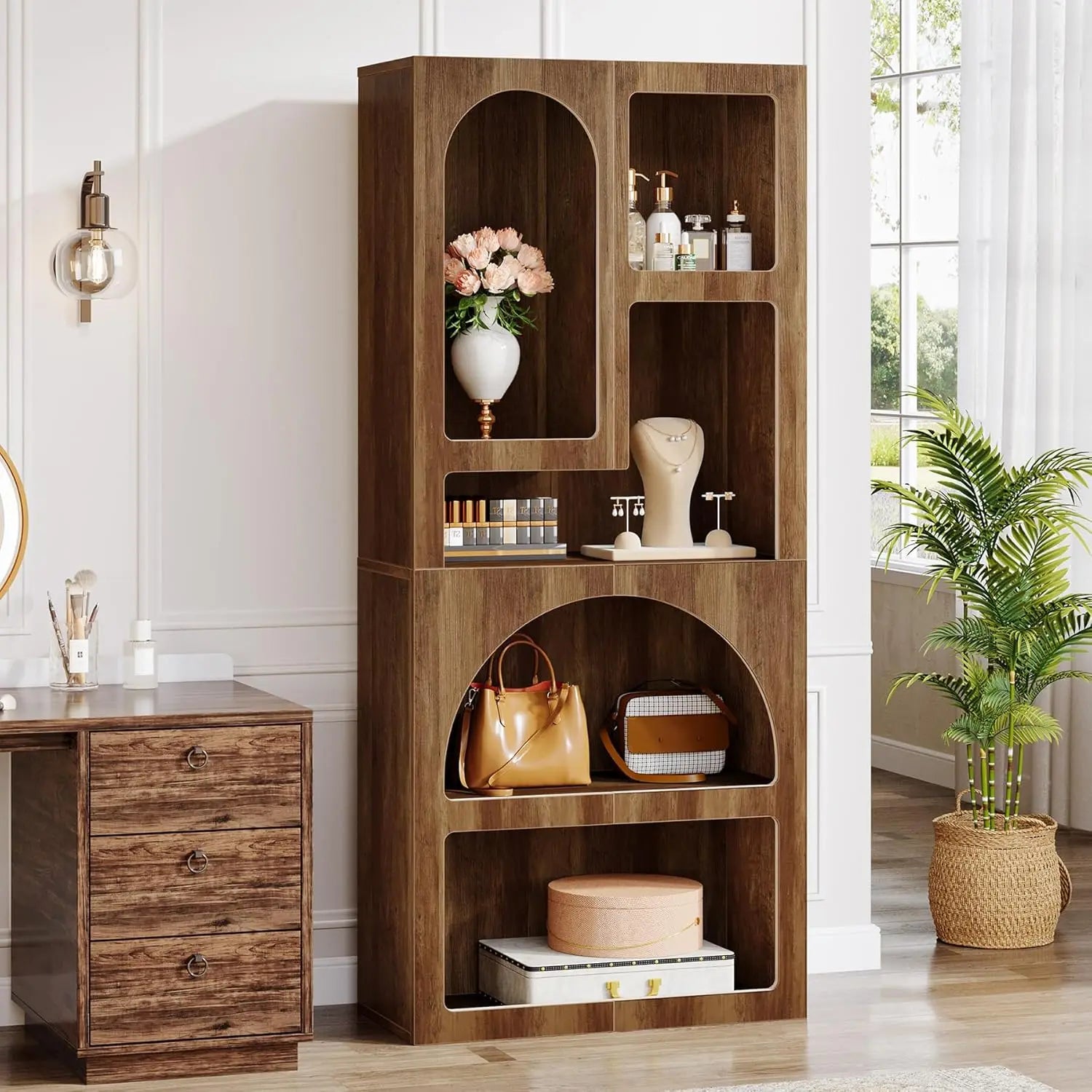 70.87’’ Tall Geometric Bookshelf White Arched Bookcase with 5 Irregular Storage Shelves,Free-Standing for Living Room