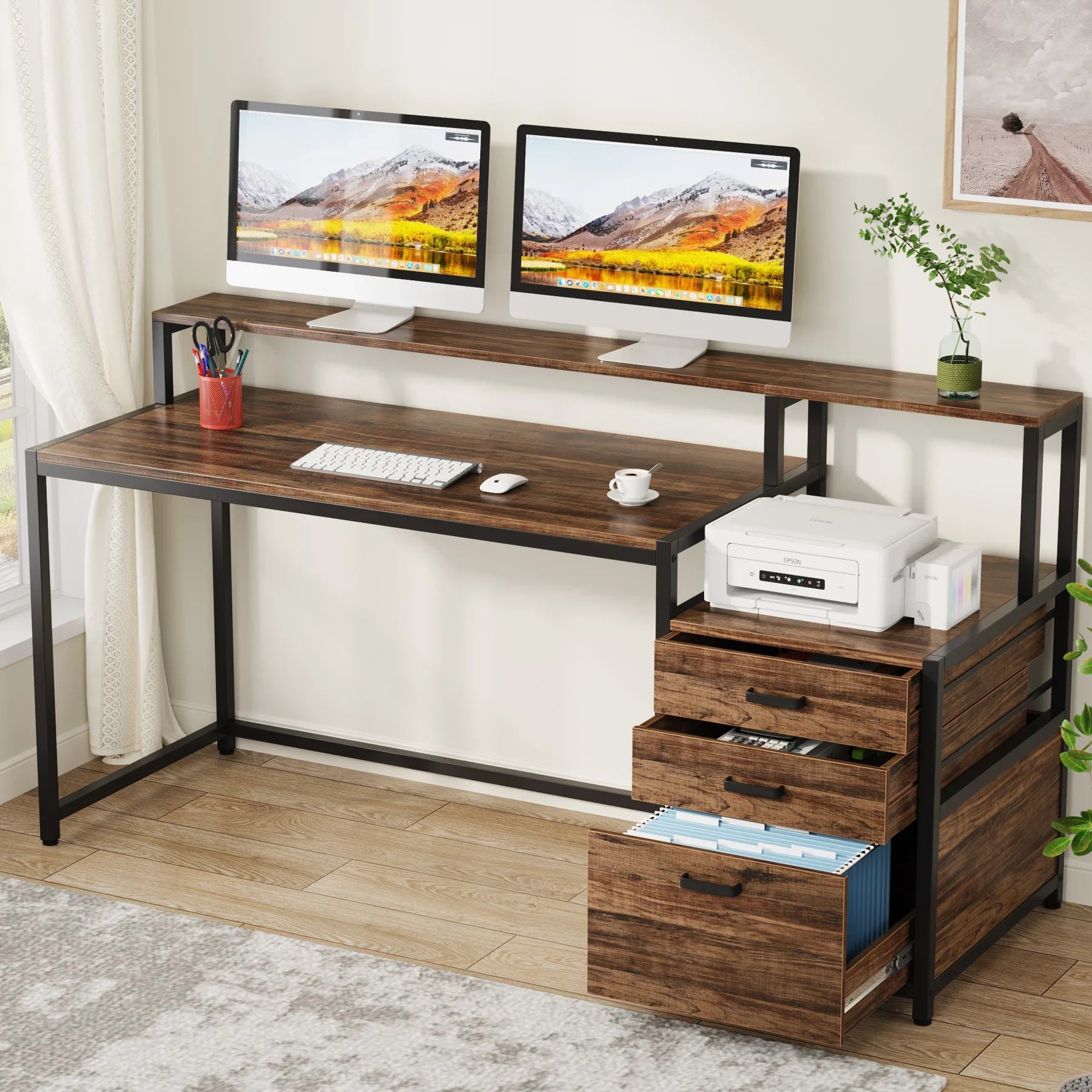 Tribesigns 63 Inch Computer Desk with File Drawer Cabinet Ergonomic Office Desk with Monitor Stand Industrial Computer