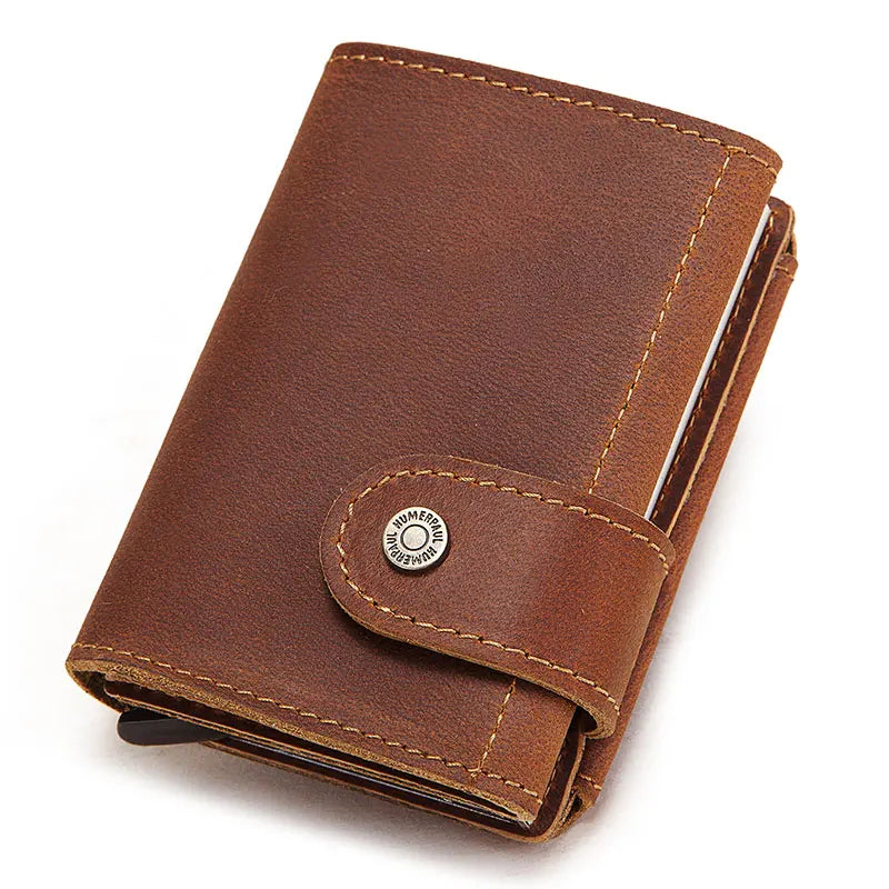 HUMERPAUL Cowhide Men Business Aluminum Cash ID Card Holder RFID Slim Metal Wallet Zip Coin Purse Automatic Pop Up