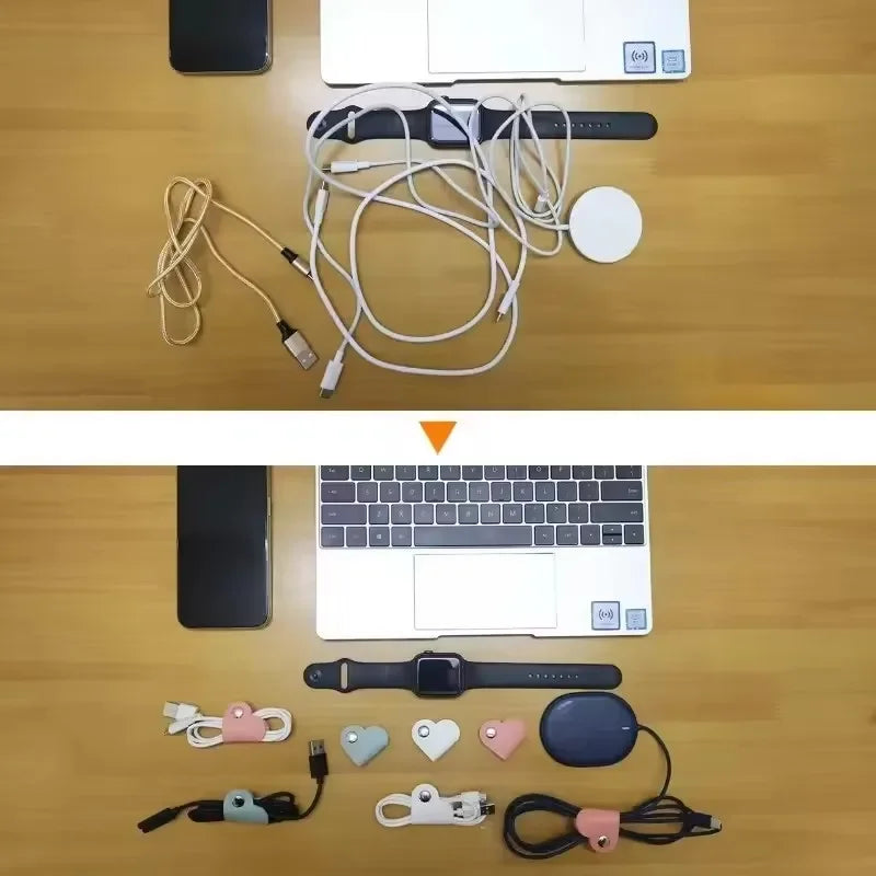 Multifunctional PU Leather Phone Data Cable Organizer Data Storage Heart-shaped Cable Clip Hub Wired Headphone Winding