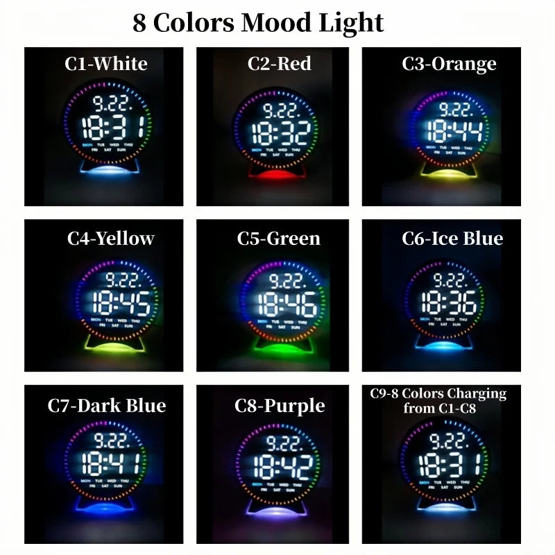 LED Digital Alarm Clock Week Date Second Hand Display Brightness Adjustable 2 Alarms Table Ambient Light 12/24H