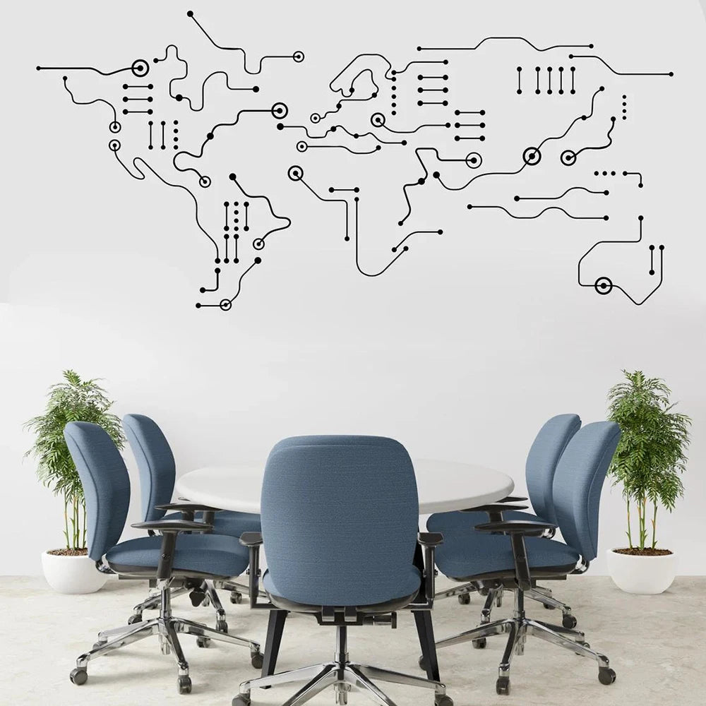 Circuit Board World Map Office Wall Sticker Technology Computer IT Software Geek Earth Wall Decal Classroom Vinyl Home