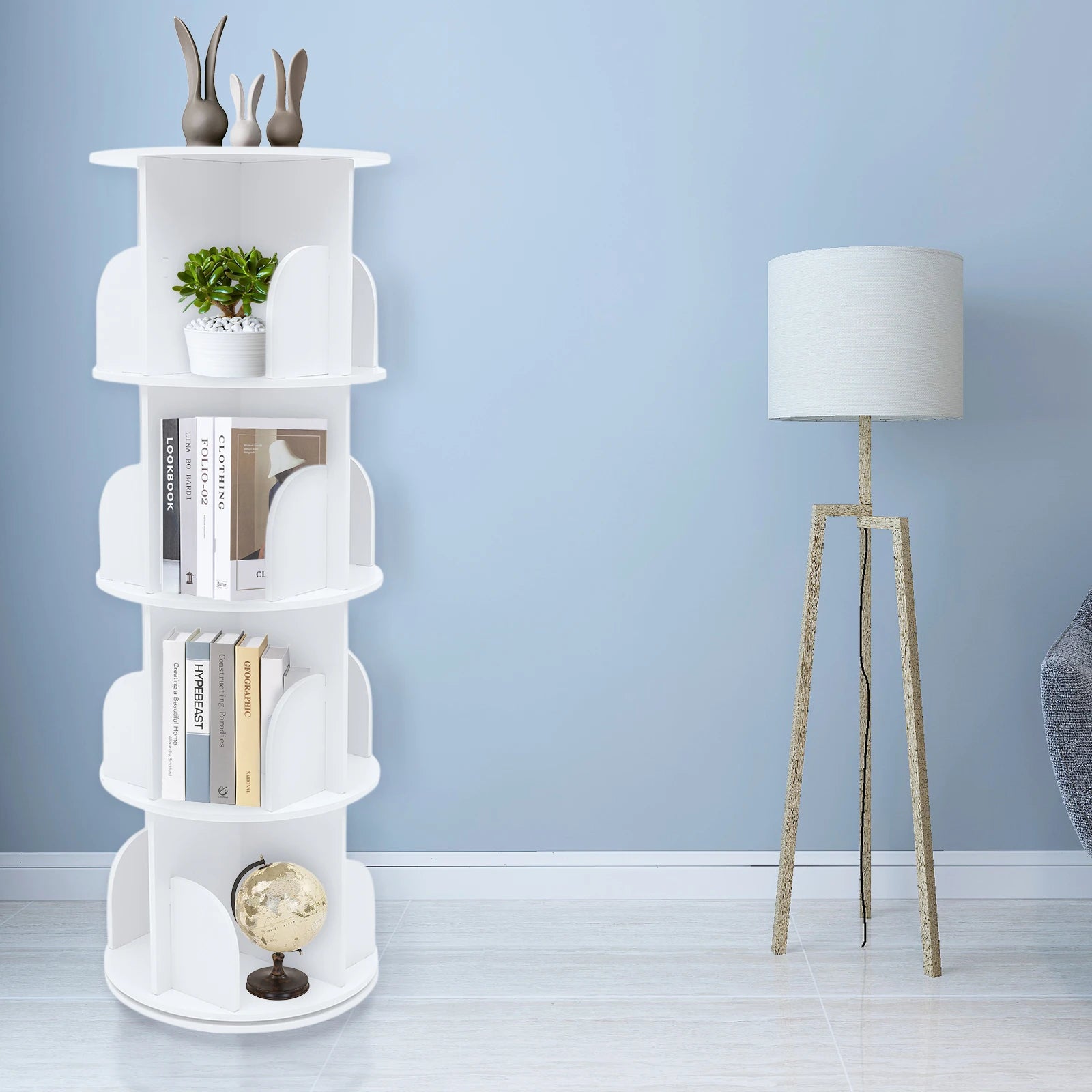 2/4-Tier Wooden Rotatable Bookshelf - 360°Display Floor Standing Storage Rack White Multifunctional Bookshelf Organizer