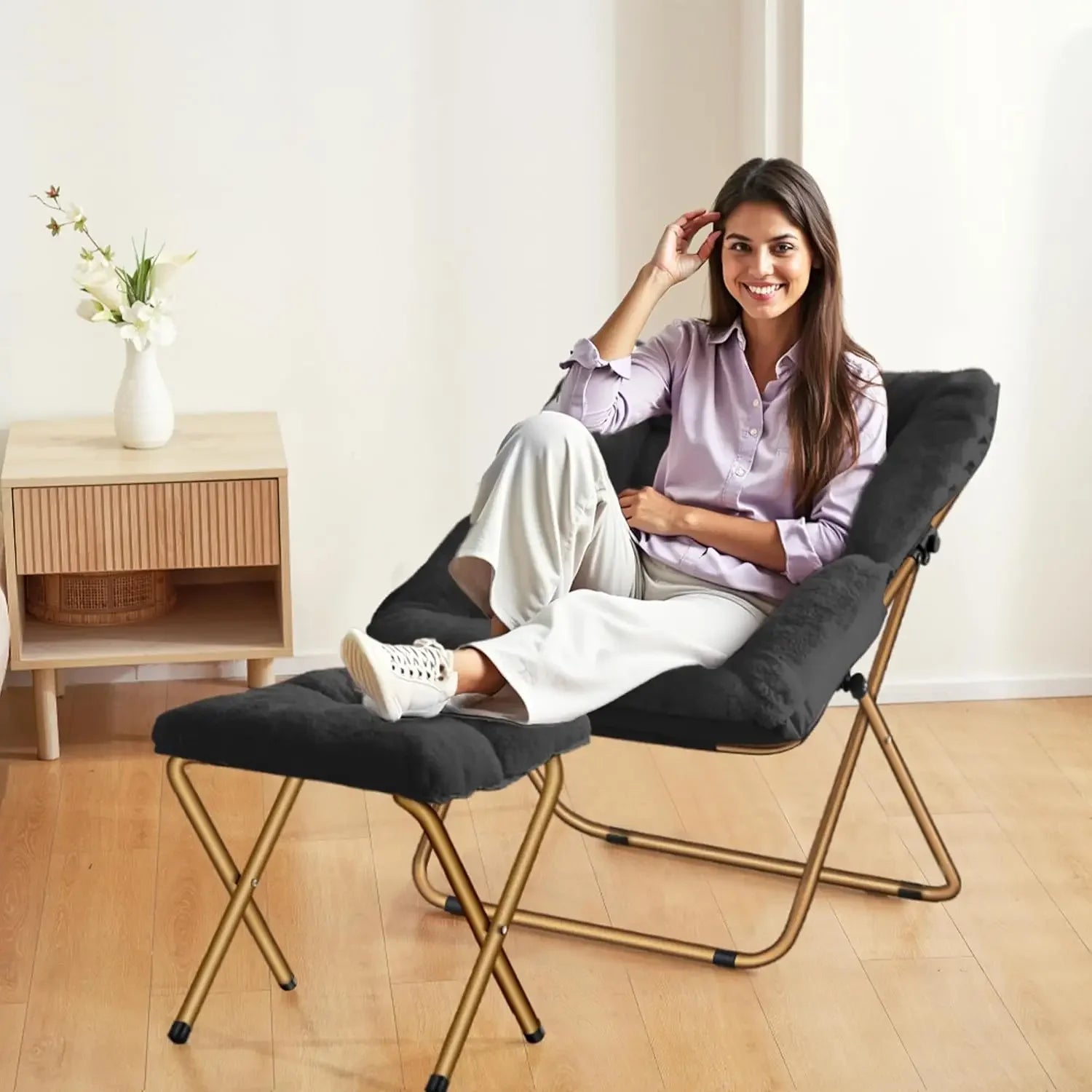 Saucer Chair Foldable Living Room Chairs Soft Faux Fur Lounge Chair for Bedroom Reading Chairs for Adults Kids X-Large