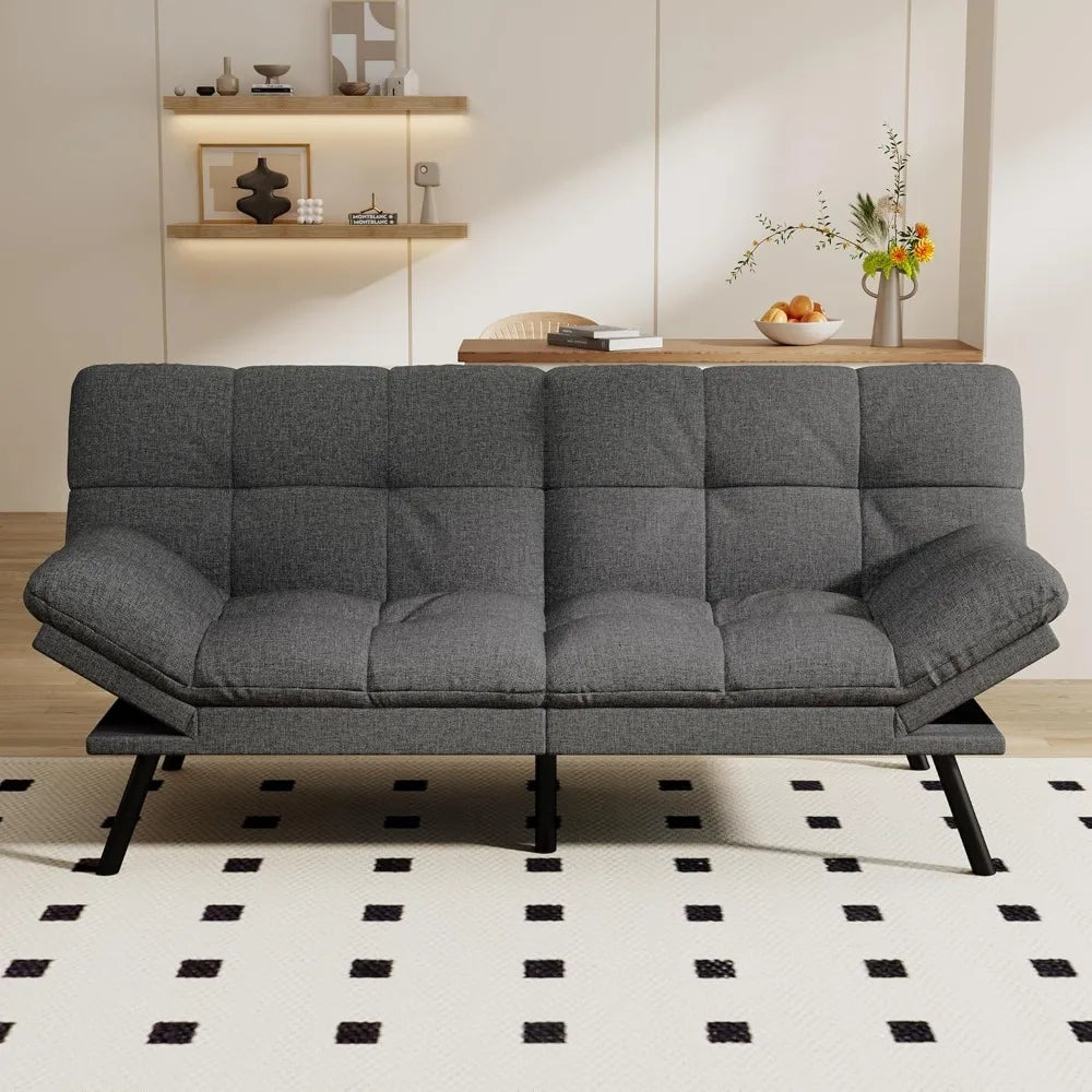 Convertible Futon Sofa Bed,71’’ Memory Foam Futon Couch,Detachable Cushion,Adjustable Backrest & Armrest,Linen Modern