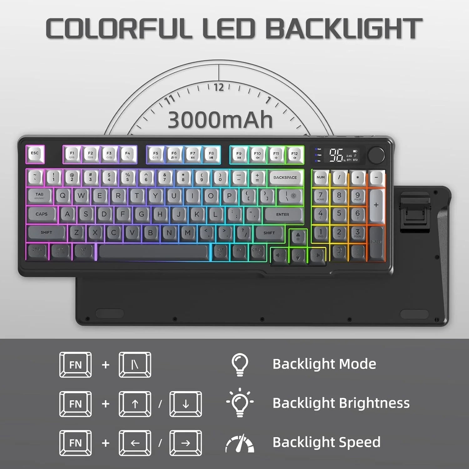 M96 Wireless Gaming Keyboard Creamy Membrane with Rainbow Backlight,Media Knob,LCD Screen,Dual