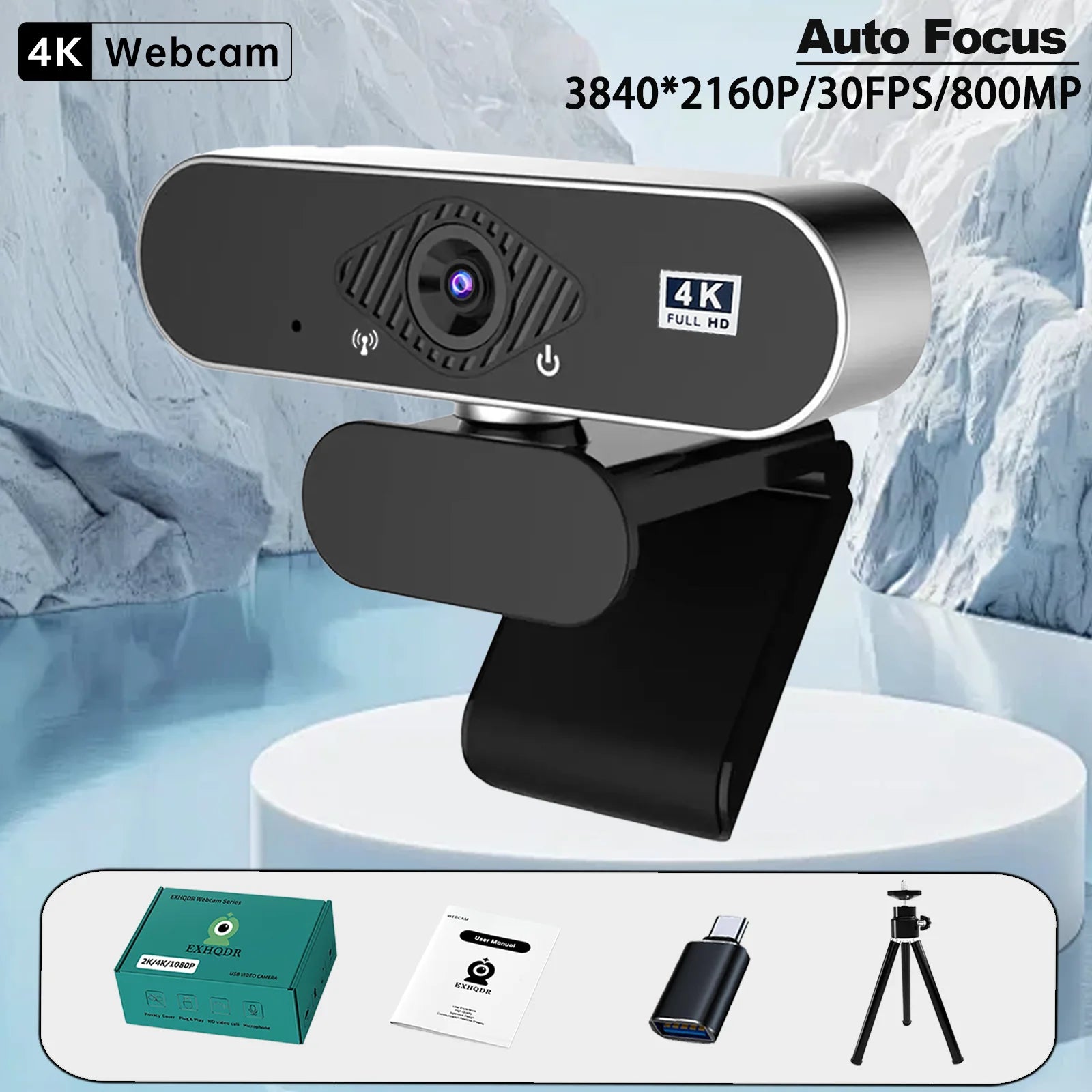 EXHQDR 4K USB Webcam Auto Focus 8MP 30FPS Plug & Play with Type-C Adapter & Tripod for Streaming Video Calls Content