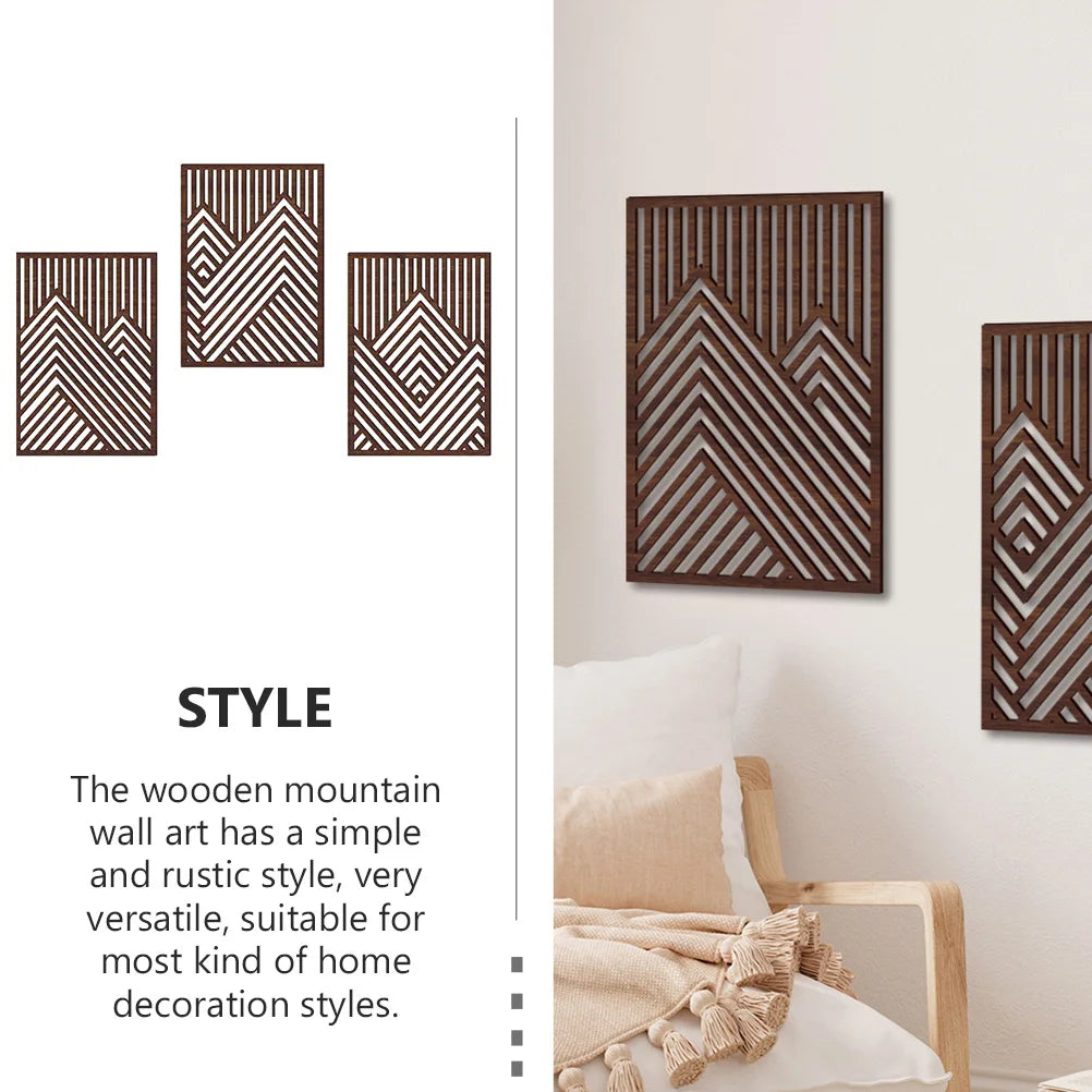3Pcs Wall Panel Home Decoration Tray Bedroom Wooden Craft Hollowed Gift Office Rustic Hollow hill wall sticker