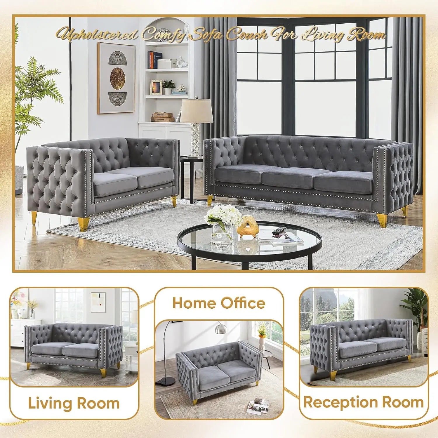 Velvet Living Room Sofa Set of 2 Comfy Loveseat and 3 Seater Couch Modern Sofa with Tufted Back and Rivet Decoration