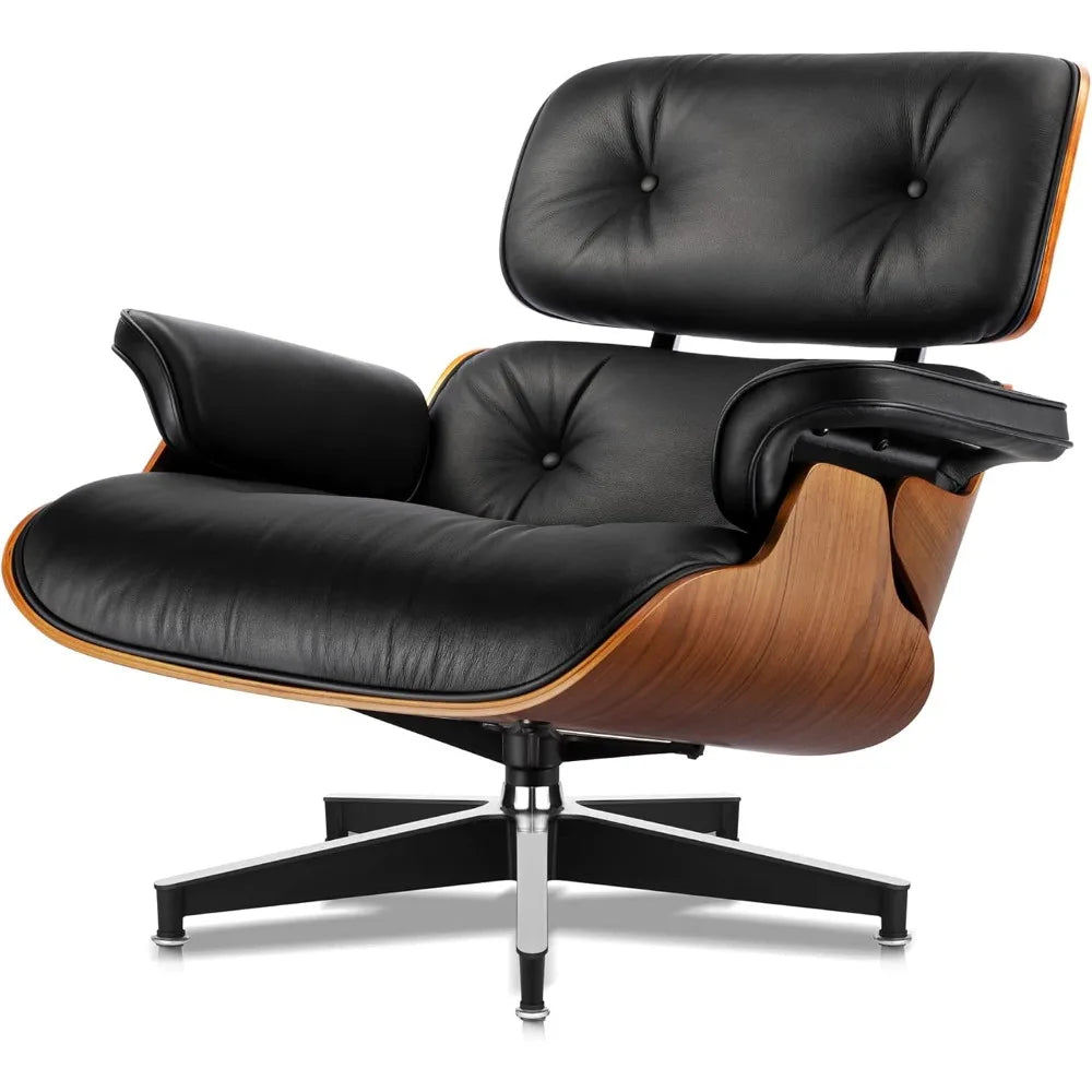 Top Black Grain Leather Mid Century Chaise Lounge Chair and Ottoman Modern Chair Classic Design Walnut Wood Heavy Duty