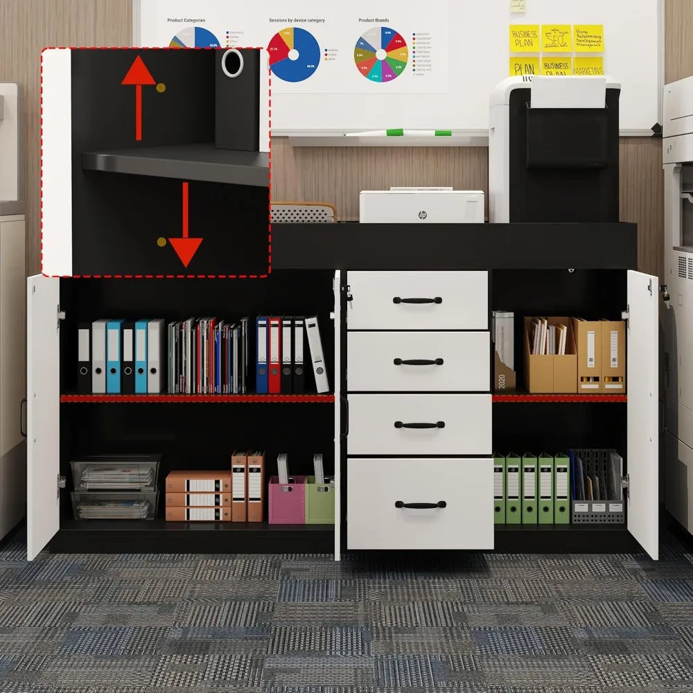 63’’ W Lateral File Cabinet with Lock Adjustable Shelves Top Compartment 4 Drawers & 3 Doors Wooden Filing Organization