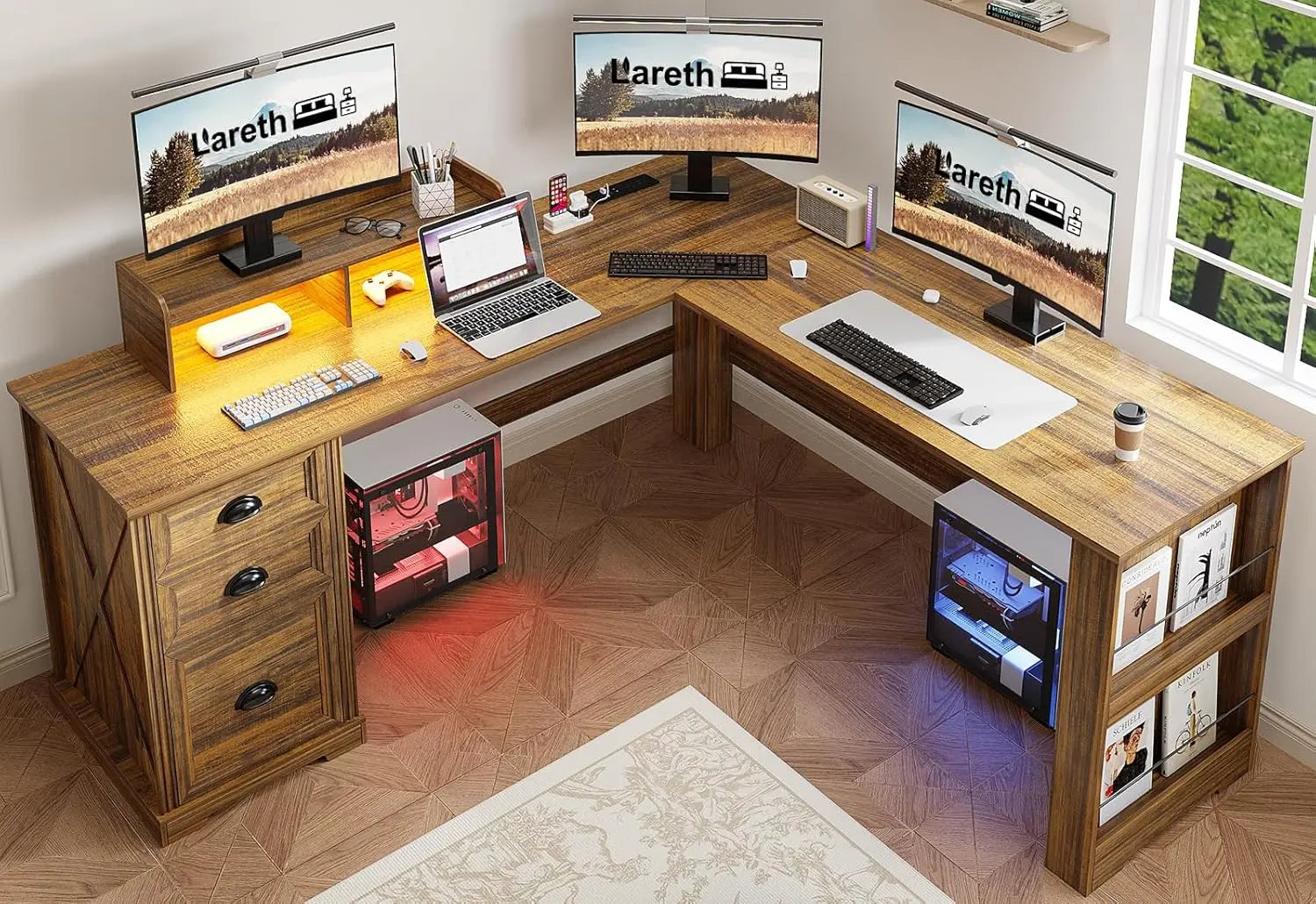 Executive L Shaped Desk with Monitor Stand And LED Lights Farmhouse Computer Desk with Power Outlets for Home Office