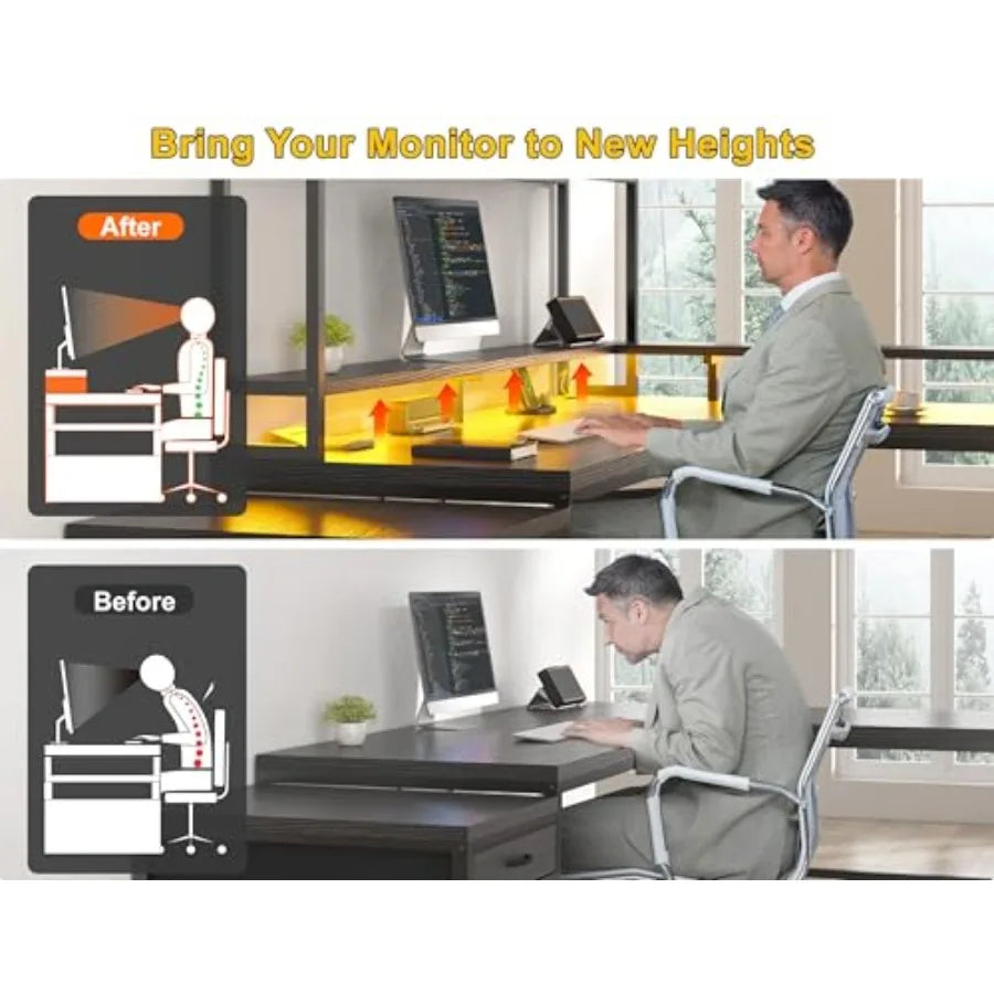 64 x 60 Inches L Shaped Desk with Hutch and Drawers Reversible Corner Computer Desk with Monitor Shelf Two Person Desk