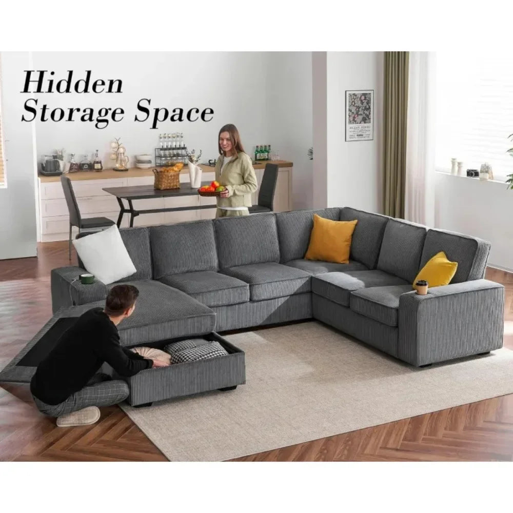 112 Inch Sectional,Oversized Storage Chaise,U Shaped Sofa with USB Ports,Corduroy Couch—Grey