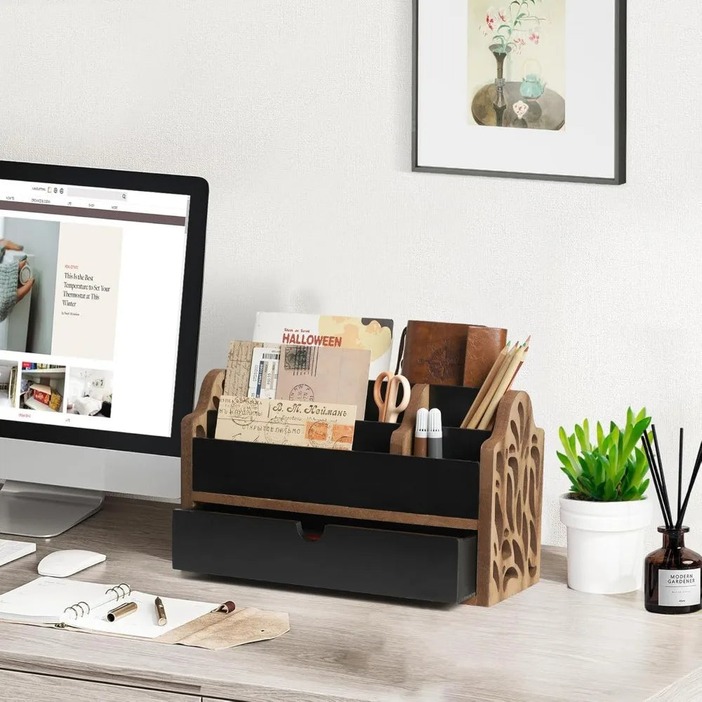 desk organizer with drawer wood file office mail organizer countertop-5 slot tabletop storage pen organizer letter