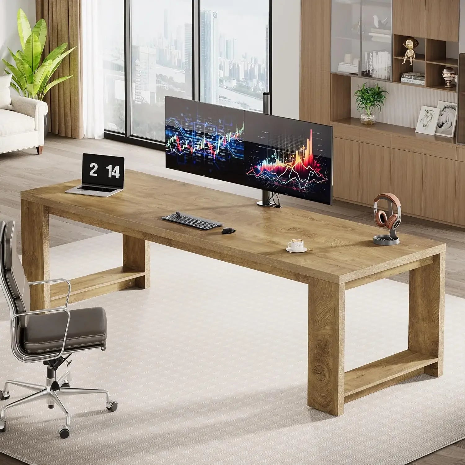 Two Person Desk 86.6 Inches Extra Long Desk Double Computer Writing Table All Wood Large Desks Workstation for Home