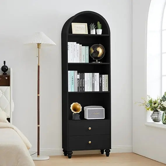 75.59’’ Tall Bookcase 4 Tier Arched Bookshelf with 2 Drawers Modern Book Display Storage Cabinet for Living Room