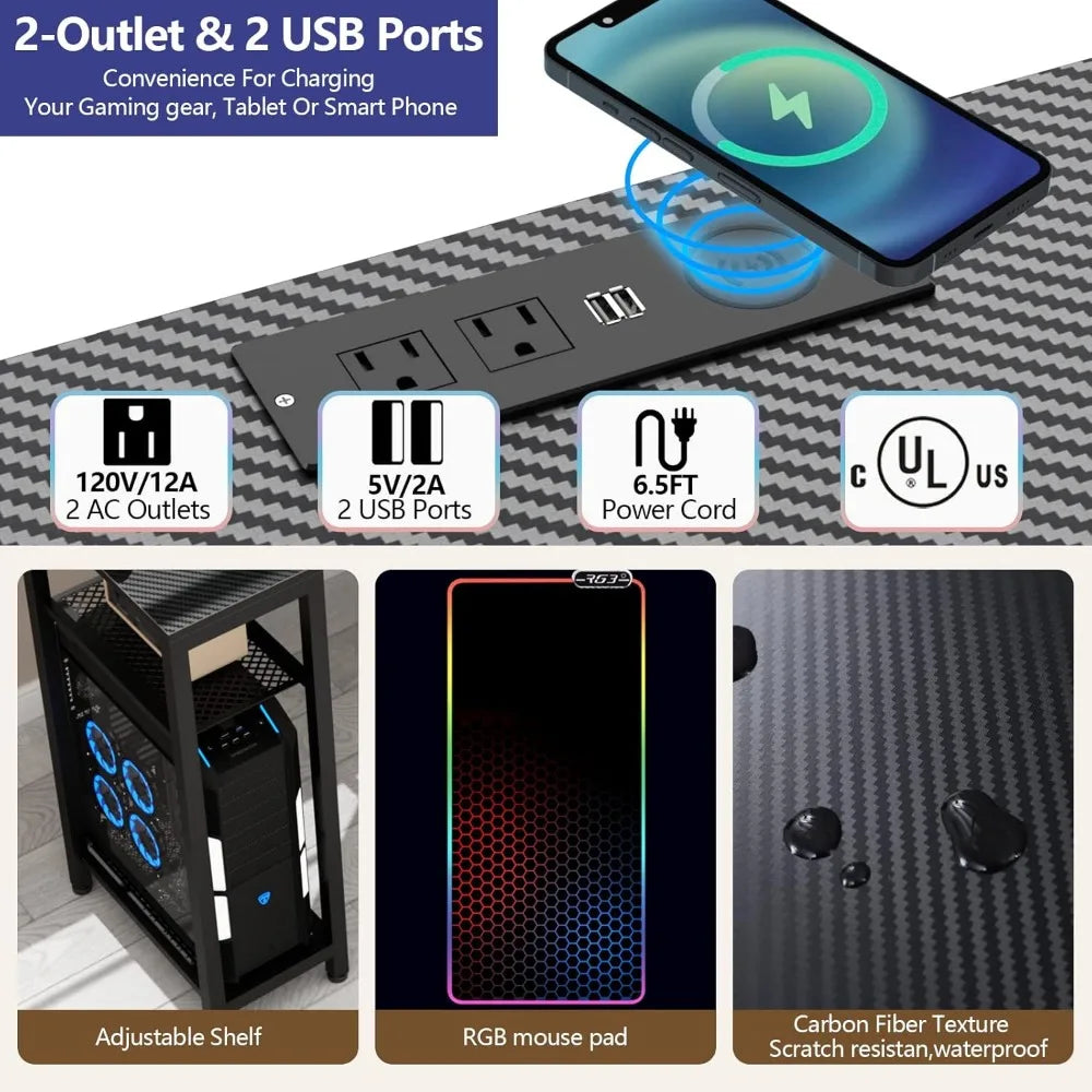 Computer Desk with Power Outlet & Led Light 63’’ Large Wing-Shaped Gaming Desk with Full Monitor Stand Wireless