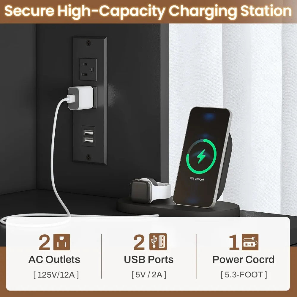 2 Drawer File Cabinet with Lock & Charging Station Filing Cabinet Fits Letter Legal A4 Size Multi-Functional Office