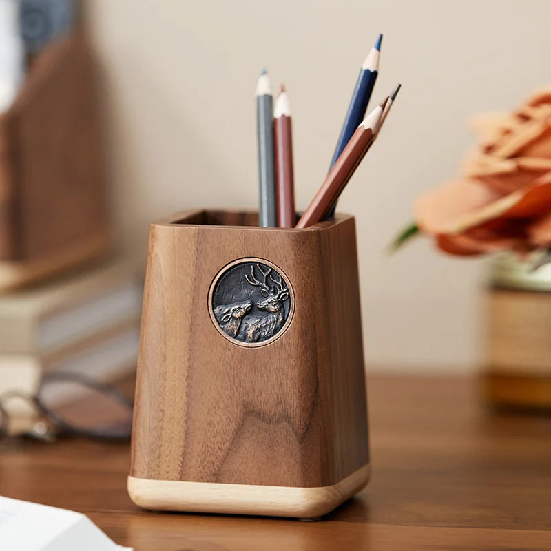 Black Walnut Solid Wood Pen Holder | Nordic Office Desk Organizer | Wooden Pen Stand with Storage Compartment
