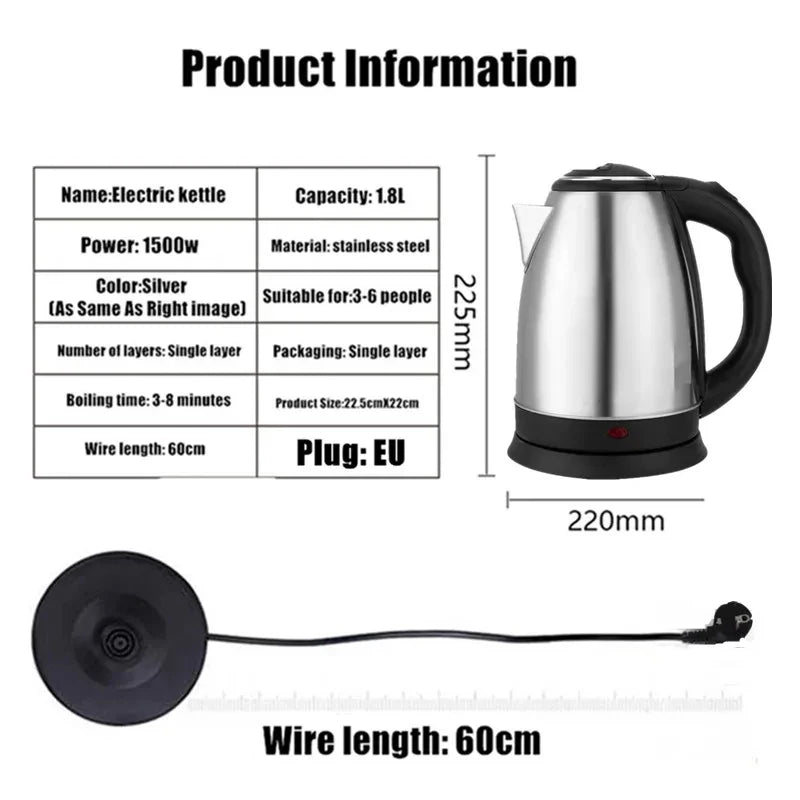 1.8L 220V Stainless Steel Electric Kettle Silver Black Base Separation Desion Rust-resistant Durable for Home During