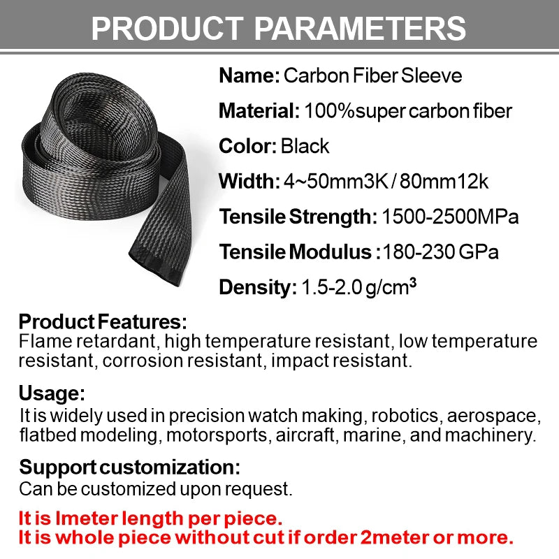 1M carbon fiber cable sleeve high temperature sleeve 4-40MM high strength wear-resistant telescopic braided mesh tube