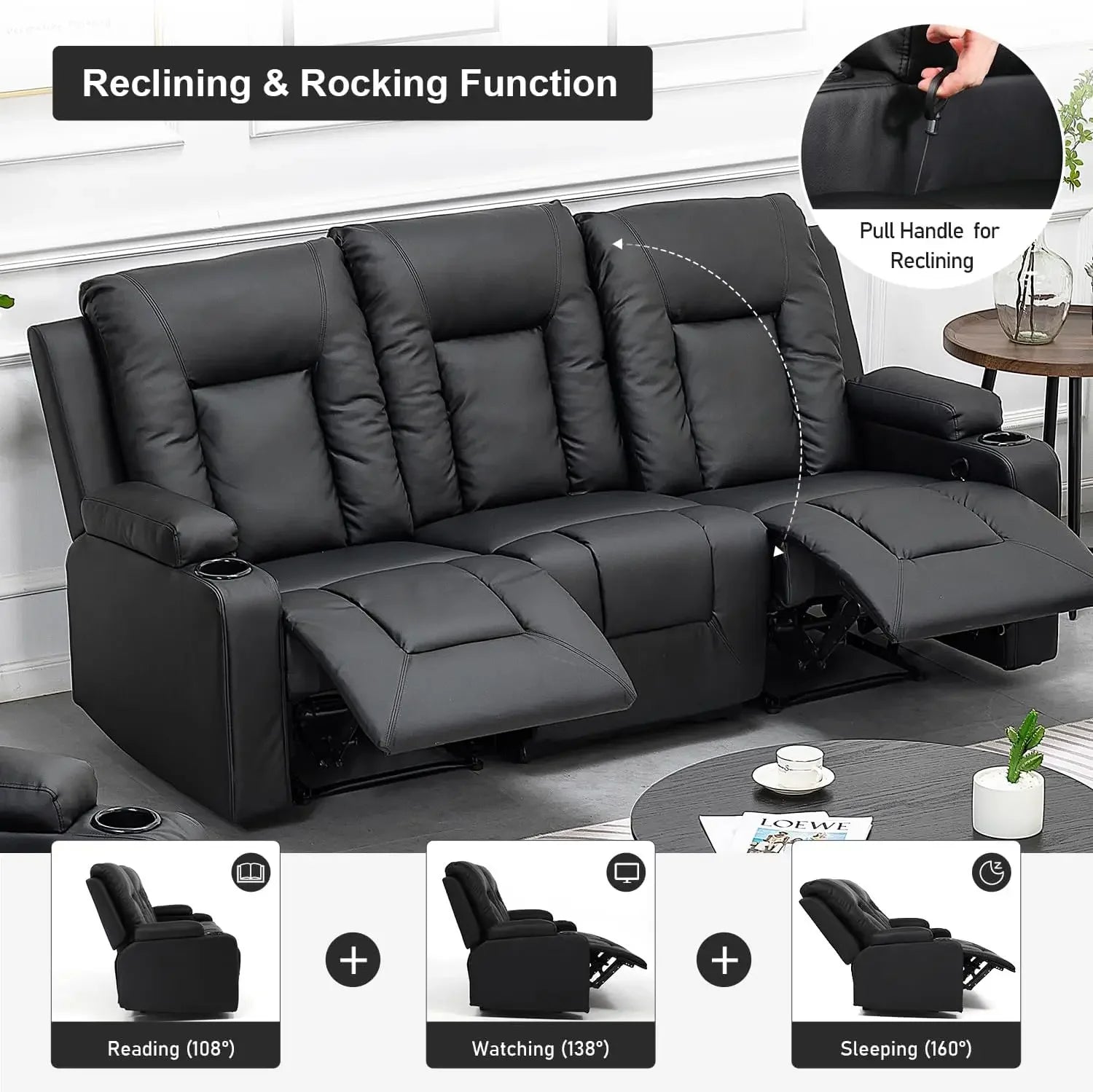 Hot salesRecliner Chair Set Leather Recliner Living Room Furniture Sets Recliner Sofa Loveseat (Black,Living Room Set 3