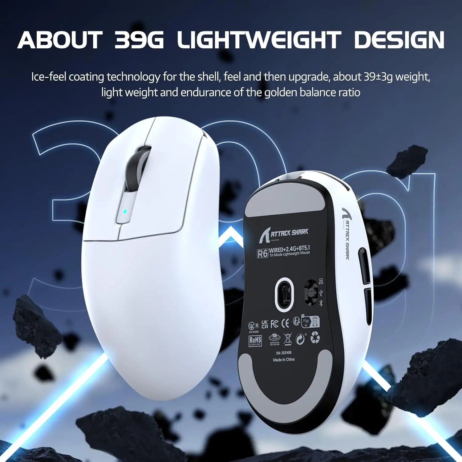 Attack Shark R6 Lightweight Wireless Gaming Mouse PAW 3950Max Sensor Computer Mouse with Nordic 52480 8KHz Polling